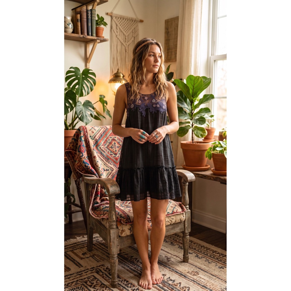 Free People Black Crochet Lace Mini Dress Sleeveless Boho Sheer Ruffle Small